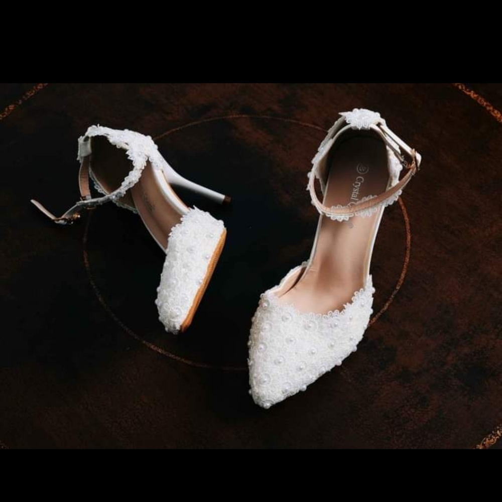 White Lace Pearl Heels